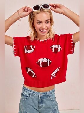 BiBi Gameday Sequin Football Embroidered Stitch Sweater